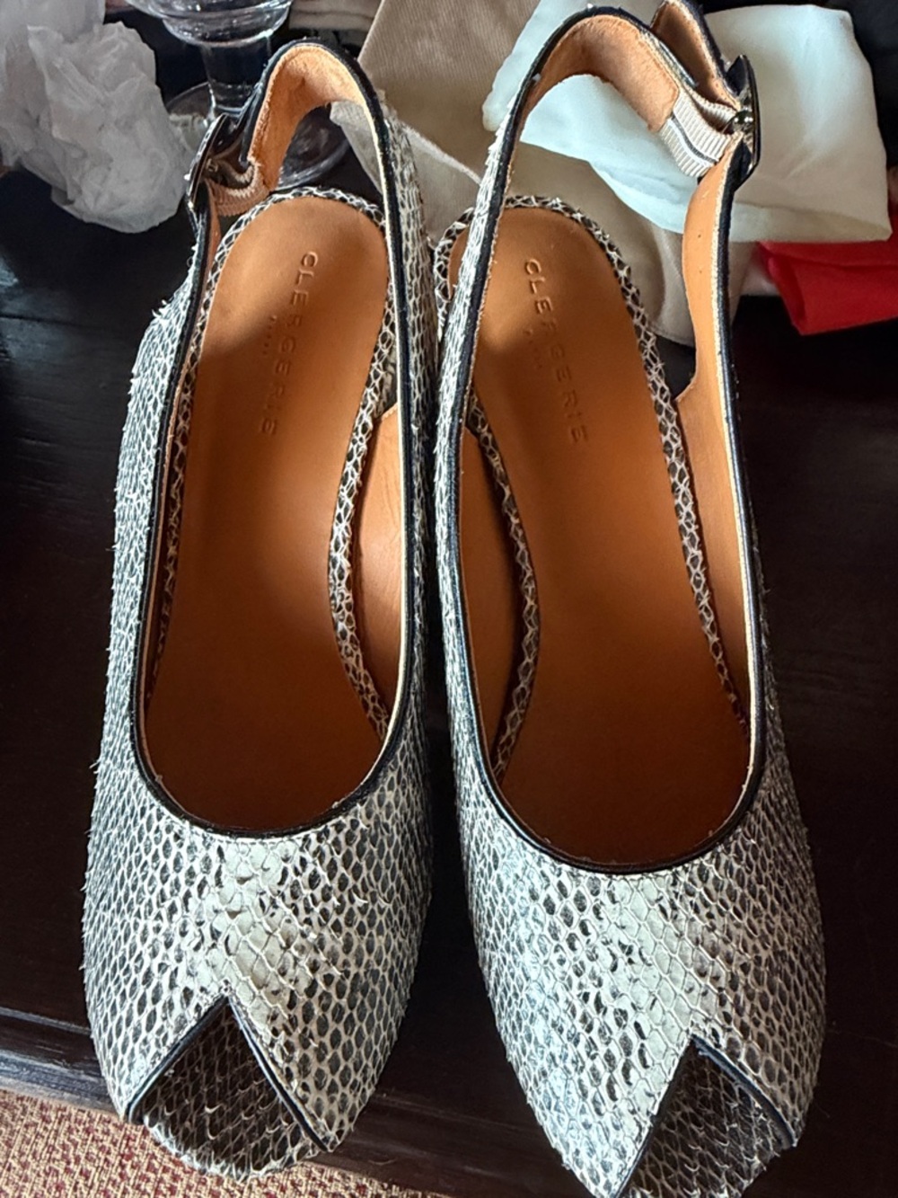Robert Clergerie Snake-Print Peep-Toe Slingback Pumps in Black and Cream